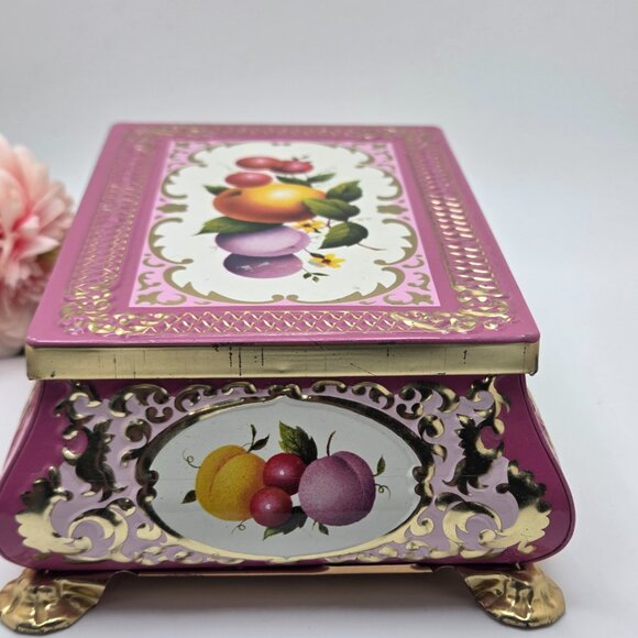 Vintage Metal Fricke & Nacke Tin Fruit Vanity Trinket Box Footed West Germany - Picture 6 of 15